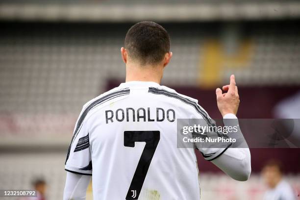 Cristiano Ronaldo of Juventus gestures during the Serie A match between Torino FC and Juventus at Stadio Olimpico di Torino on April 03, 2021 in...