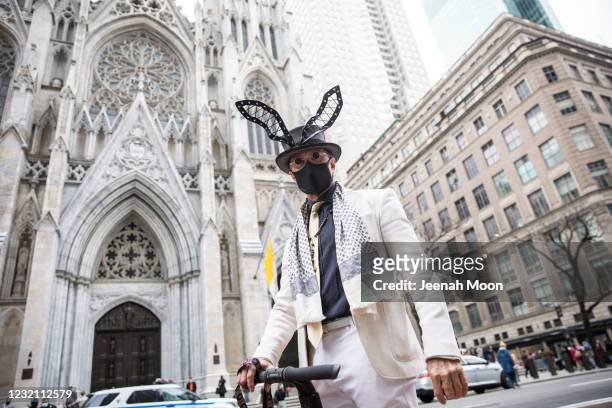 Man wears an Easter costume during the Easter Bonnet parade on Fifth Avenue in midtown on April 4, 2021 in New York City. The annual Easter Parade...