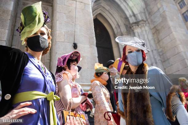 People in costumes participate during the Easter Bonnet parade on Fifth Avenue in midtown on April 4, 2021 in New York City. The annual Easter Parade...