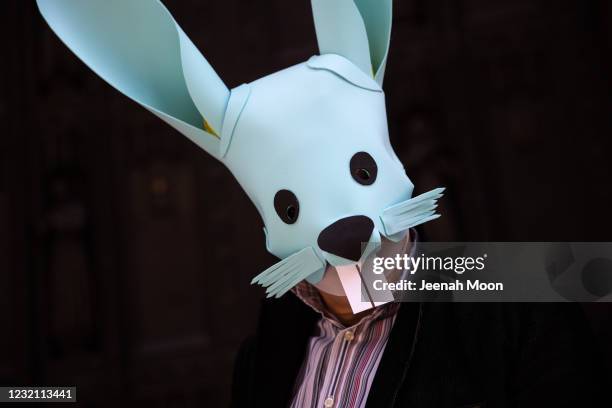 Man in a bunny costume participates during the Easter Bonnet parade on Fifth Avenue in midtown on April 4, 2021 in New York City. The annual Easter...