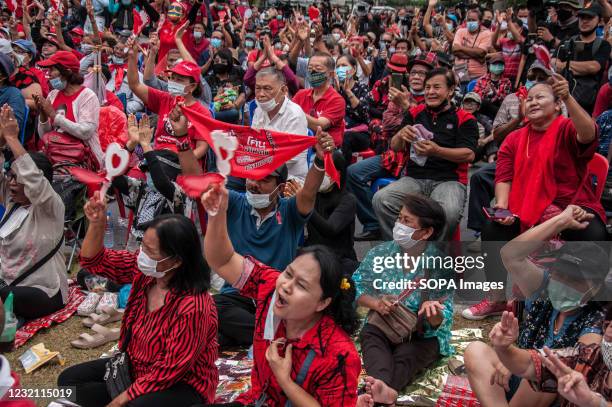 Protesters shout slogans while gesturing during the demonstration. Supporters of the Red shirt movement, led by Jatuporn Prompan former leader of the...