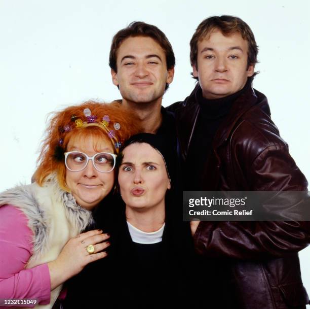 James Dreyfus, Paul Nicholls, Anna Nolan and Kathy Burke in costume for their Gimme, Gimme, Gimmme sketch as part of Red Nose Day 2001.