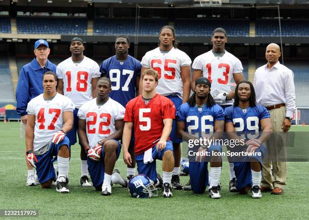 The 2009 draft class back row, head coach Tom Coughlin, wide receiver Hakeem Nicks , linebacker Clint Sintim , tackle William Beatty , wide receiver...