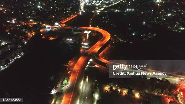 April 4, 2021 -- An aerial view shows empty roads during a night lockdown amid COVID-19 pandemic in Bhopal, the capital city of India's Madhya...