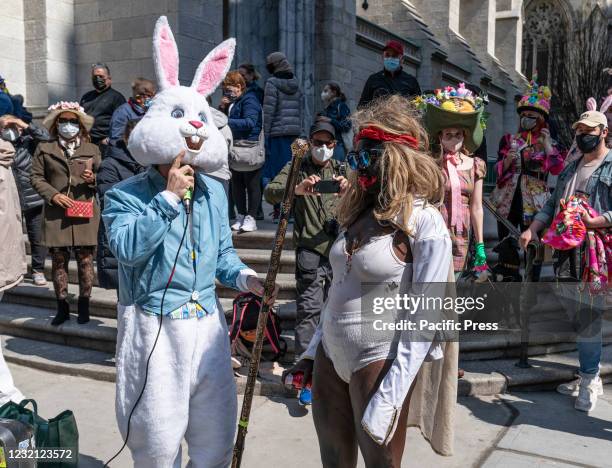 Rapper Kosha Dillz and Crackheadbarney perform during Easter Bonnet parade on 5th Avenue in front of St. Patricks Cathedral on Easter Sunday. Annual...