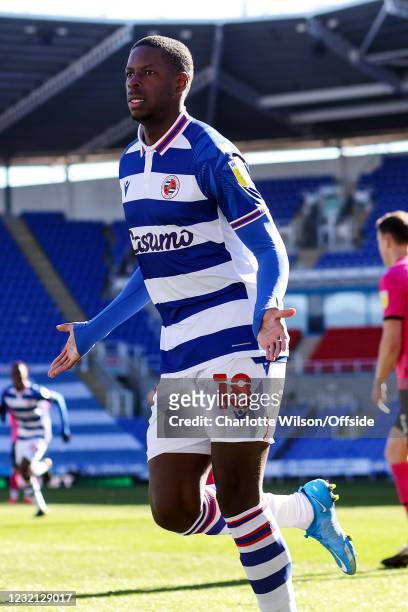 Lucas Joao of Reading celebrates scoring their 3rd goal during the Sky Bet Championship match between Reading and Derby County at Madejski Stadium on...