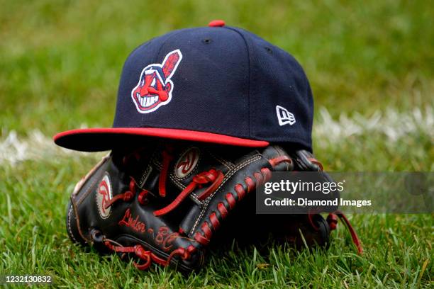 The Chef Wahoo logo on a Cleveland Indians hat prior to game two of the American League Division Series against the New York Yankees at Progressive...