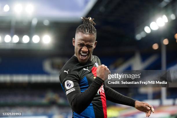 Michy Batshuayi of Crystal Palace celebrates after scoring their first goal during the Premier League match between Everton and Crystal Palace at...