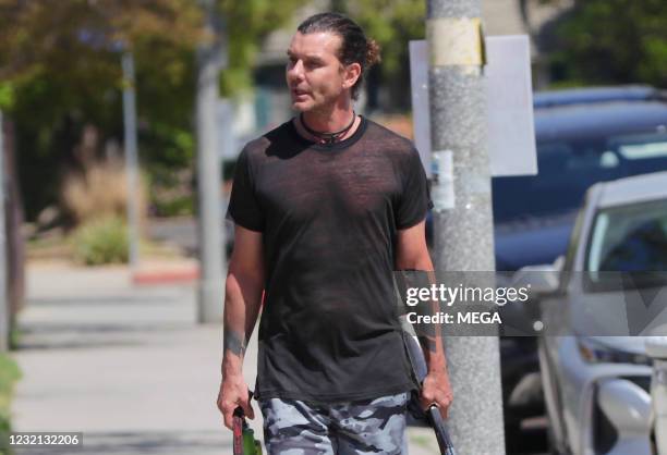 Rocker Gavin Rossdale is all smiles walking his dog Chewy at a local park on April 5, 2021 in Los Angeles, California.