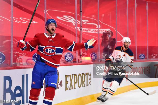 Eric Staal of the Montreal Canadiens celebrates his overtime goal against the Edmonton Oilers at the Bell Centre on April 5, 2021 in Montreal,...