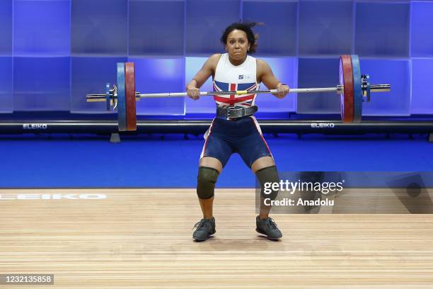 Zoe Smith of England competes in the women's 59 kg final within the Weightlifting European Championships 2021 in Moscow, Russia on April 05, 2021.