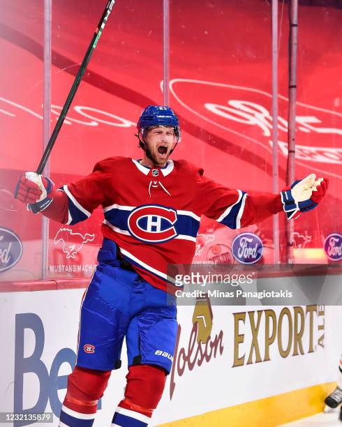 Eric Staal of the Montreal Canadiens celebrates his overtime goal in his debut with the Canadiens against the Edmonton Oilers at the Bell Centre on...