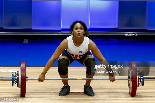 Zoe Smith of England competes in the women's 59 kg final within the Weightlifting European Championships 2021 in Moscow, Russia on April 05, 2021.