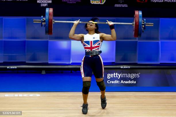 Zoe Smith of England competes in the women's 59 kg final within the Weightlifting European Championships 2021 in Moscow, Russia on April 05, 2021.