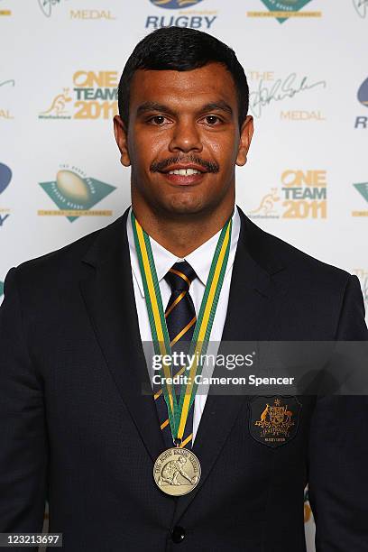 Kurtley Beale of the Wallabies poses after winning the 'John Eales Medal' during the 2011 John Eales Medal at Luna Park's Big Top on September 1,...