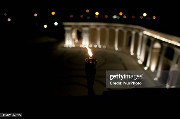 Aquila on 6 April 2021 during the 12th anniversary of the 2009 LAquila earthquake, torches were lit on the roof of the hemicycle to commemorate the...