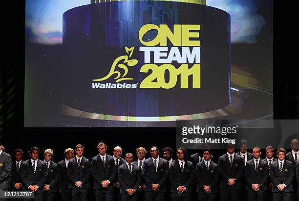 The Rugby World Cup Wallaby squad lines up on stage during the 2011 John Eales Medal at Luna Park's Big Top on September 1, 2011 in Sydney, Australia.