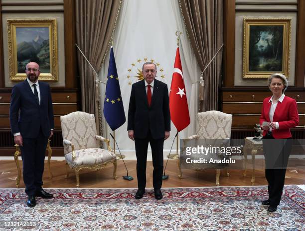 Turkish President Recep Tayyip Erdogan receives EU Council President Charles Michel and President of EU Commission Ursula Von der Leyen at the...