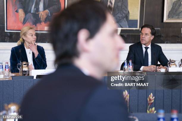 Sigrid Kaag , Wopke Hoekstra and Mark Rutte during with the President of the House of Representatives Khadija Arib and seventeen groups of chairmen...