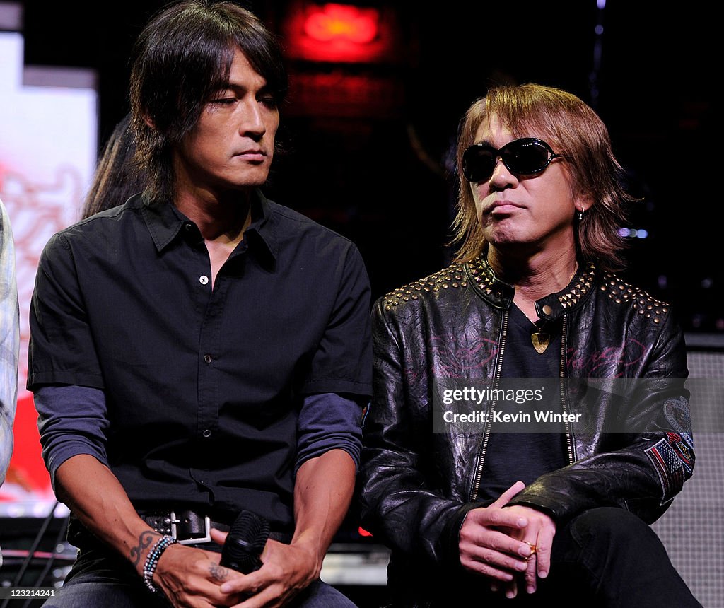 Singer Koshi Inaba and musician Tak Matsumoto of B'z appear at a ...