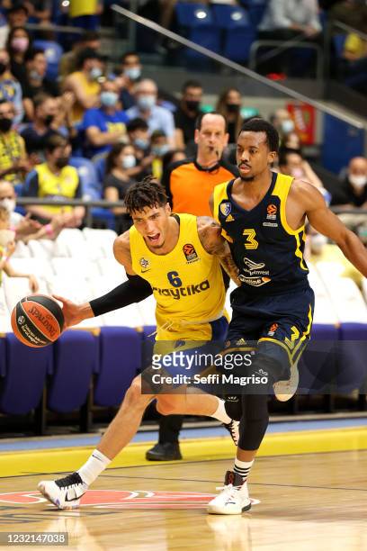 Sandy Cohen, #6 of Maccabi Playtika Tel Aviv competes with Errick McCollum, #3 of Khimki Moscow Region during the 2020/2021 Turkish Airlines...