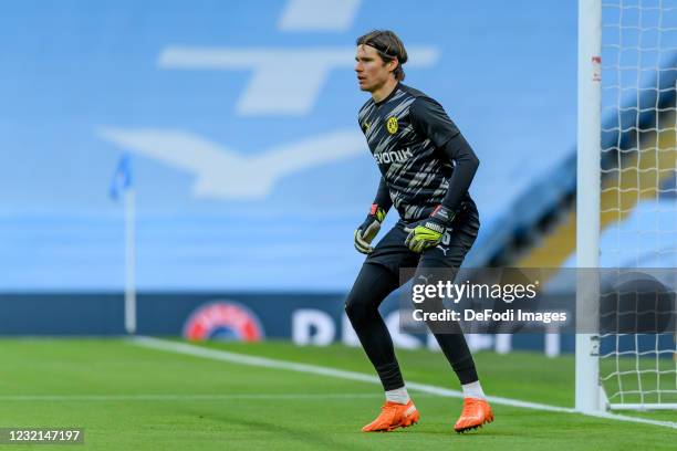 Goalkeeper Marwin Hitz of Borussia Dortmund looks on during the UEFA Champions League Quarter Final match between Manchester City and Borussia...