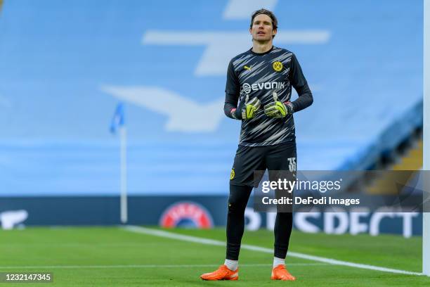 Goalkeeper Marwin Hitz of Borussia Dortmund looks on during the UEFA Champions League Quarter Final match between Manchester City and Borussia...