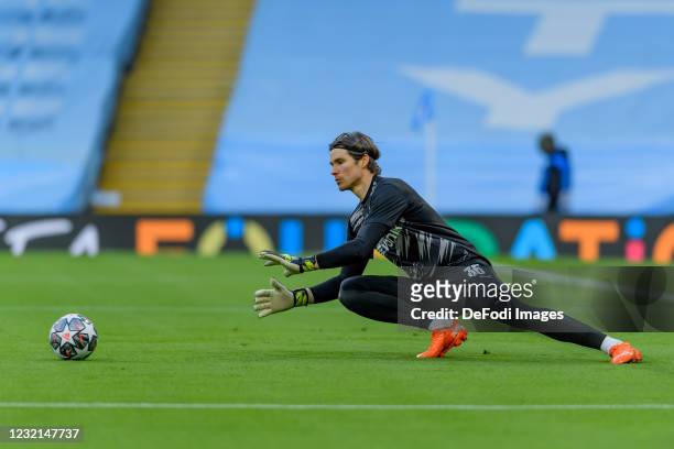 Goalkeeper Marwin Hitz of Borussia Dortmund controls the ball during the UEFA Champions League Quarter Final match between Manchester City and...
