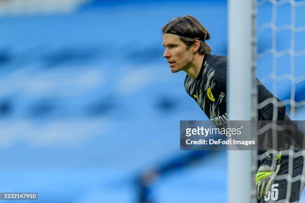 Goalkeeper Marwin Hitz of Borussia Dortmund looks on during the UEFA Champions League Quarter Final match between Manchester City and Borussia...