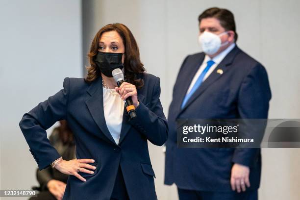 Vice President Kamala Harris speaks to a crowd after touring a COVID19 vaccination site at the International Union of Operating Engineers Local 399...