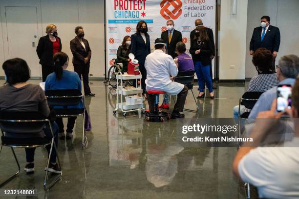 Vice President Kamala Harris tours a COVID19 vaccination site at the International Union of Operating Engineers Local 399 union hall where she...