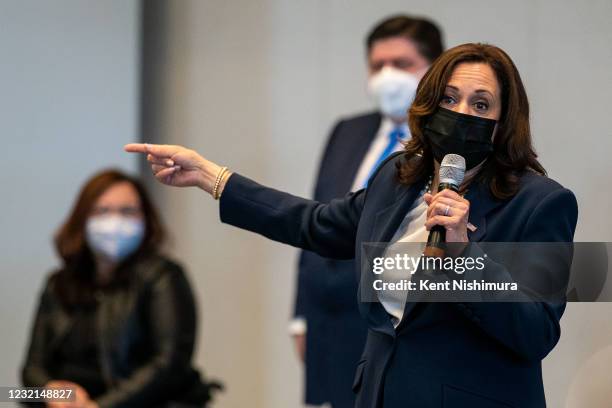 Vice President Kamala Harris speaks to a crowd after touring a COVID19 vaccination site at the International Union of Operating Engineers Local 399...