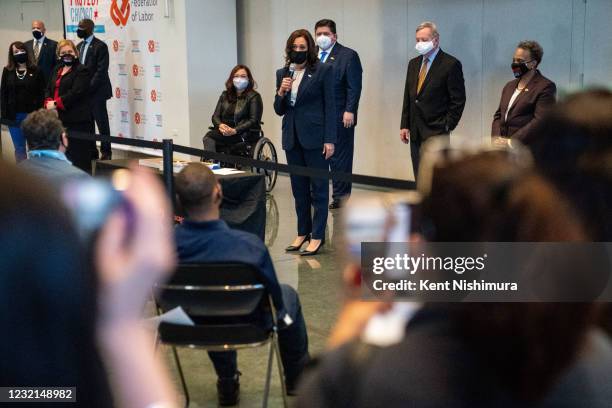 Vice President Kamala Harris speaks to a crowd after touring a COVID19 vaccination site at the International Union of Operating Engineers Local 399...