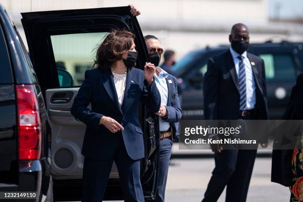 Vice President Kamala Harris prepares to head to tour a COVID19 vaccination site at the International Union of Operating Engineers Local 399 union...