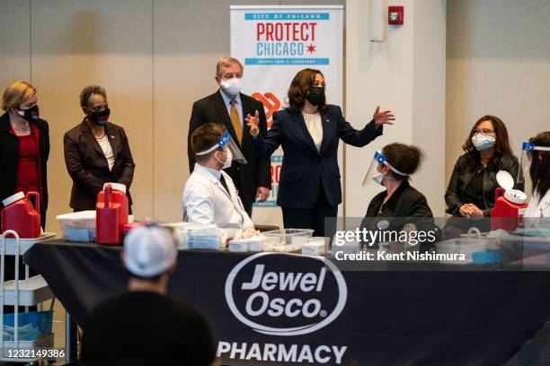 Vice President Kamala Harris tours a COVID19 vaccination site at the International Union of Operating Engineers Local 399 union hall where she...