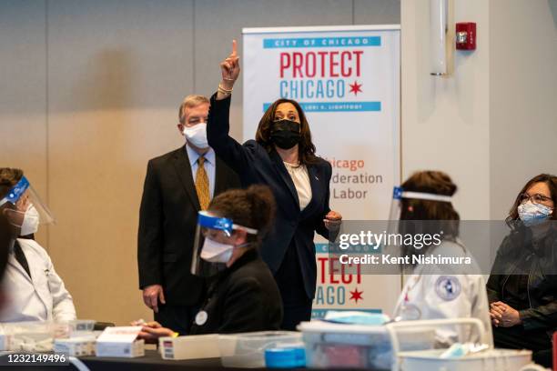 Vice President Kamala Harris tours a COVID19 vaccination site at the International Union of Operating Engineers Local 399 union hall where she...
