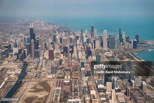 Downtown Chicago as Air Force 2 prepares to land with Vice President Kamala Harris aboard ahead of a tour of a COVID19 vaccination site at the...