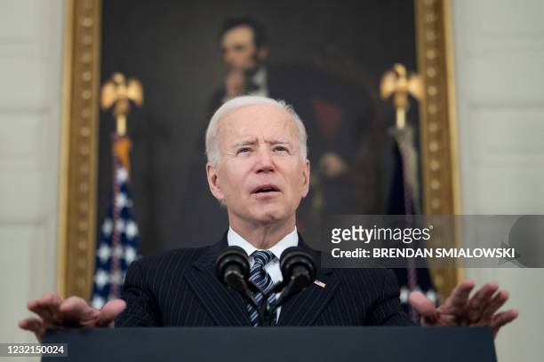 President Joe Biden delivers remarks on a vaccination update from the State Dining Room at The White House, on April 6, 2021 in Washington, DC. -...