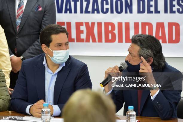 Ecuadorian presidential candidate Andres Arauz and the president of the PLE Fernando Ibarra Serrano are seen during a meeting with the...