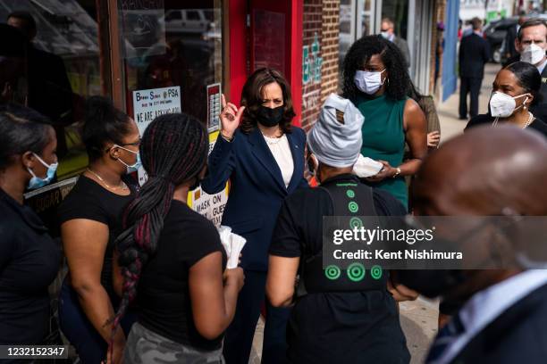 Vice President Kamala Harris makes a stop at Brown Sugar Bakery on Chicagos Southside with Cook County State's Attorney Kim Foxx and Illinois Lt....