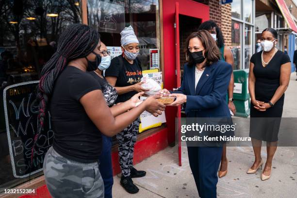 Vice President Kamala Harris makes a stop at Brown Sugar Bakery on Chicagos Southside with Cook County State's Attorney Kim Foxx and Illinois Lt....