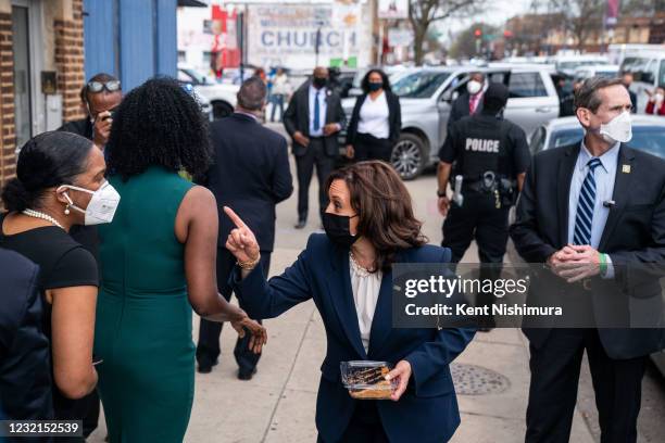 Vice President Kamala Harris makes a stop at Brown Sugar Bakery on Chicagos Southside with Cook County State's Attorney Kim Foxx and Illinois Lt....