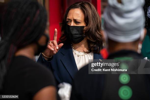 Vice President Kamala Harris makes a stop at Brown Sugar Bakery on Chicagos Southside with Cook County State's Attorney Kim Foxx and Illinois Lt....