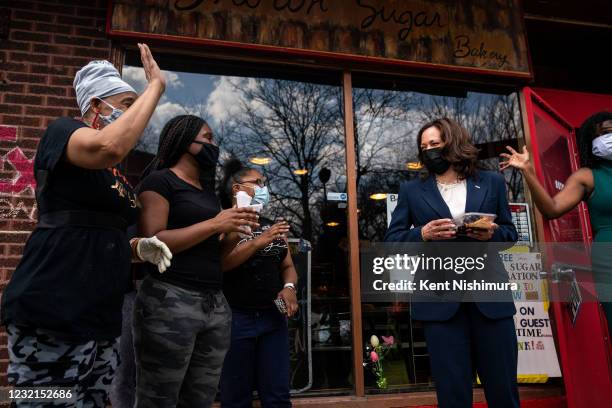 Vice President Kamala Harris makes a stop at Brown Sugar Bakery on Chicagos Southside with Cook County State's Attorney Kim Foxx and Illinois Lt....