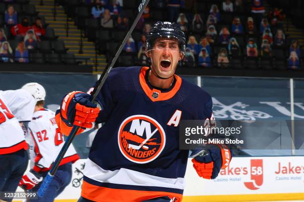 Brock Nelson of the New York Islanders celebrates after scoring a goal against the Washington Capitals during the third period at Nassau Coliseum on...