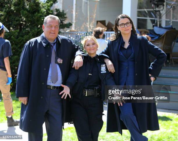 Steve Schirripa, Vanessa Ray and Bridget Moynahan are seen on the set of "Blue Bloods" on April 06, 2021 in New York City.