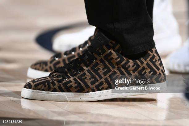 The sneakers worn by Jamal Murray of the Denver Nuggets during the game against the Detroit Pistons on April 6, 2021 at the Ball Arena in Denver,...