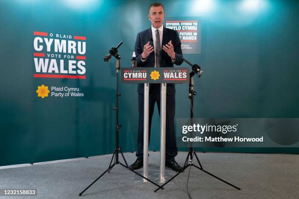 Leader of Plaid Cymru, Adam Price MS launches his parties' election manifesto at the Capital Law building on April 7, 2021 in Cardiff, Wales. The...