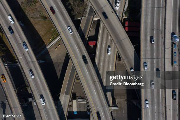 Vehicles travel along Interstate 5, Interstate 10, U.S. Route 101, and State Route 60 on the East Los Angeles Interchange in the Boyle Heights...