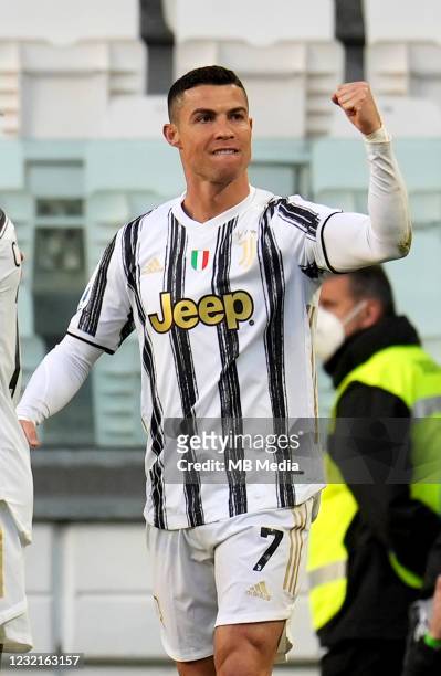 Cristiano Ronaldo of Juventus FC celebrates after scoring a goal during the Serie A match between Juventus FC and SSC Napoli at Allianz Stadium on...
